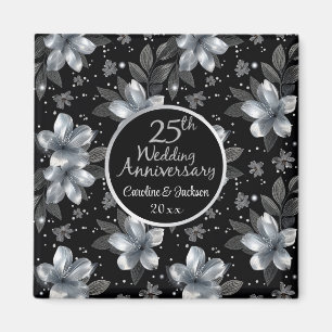 25th Silver Glitter Floral Wedding Anniversary  Magnet