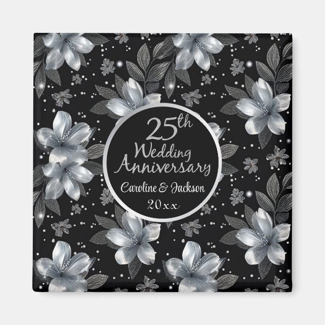 25th Silver Glitter Floral Wedding Anniversary  Magnet (Front)