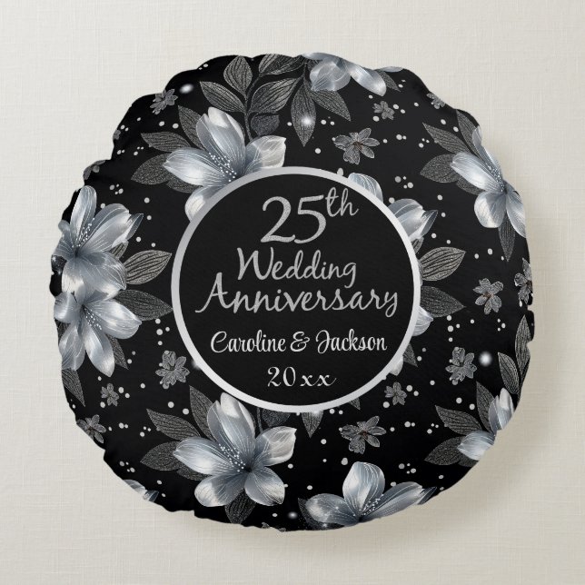 25th Silver Glitter Floral Wedding Anniversary  Round Cushion (Front)