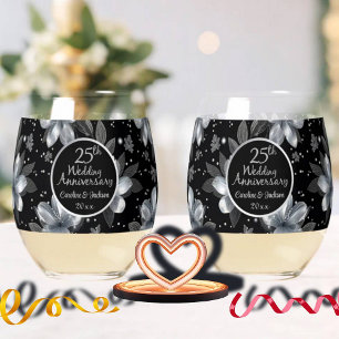 25th Silver Glitter Floral Wedding Anniversary Stemless Wine Glass