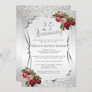 25th Silver Glitter Wedding Anniversary   DIY Text Invitation