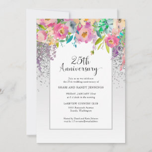25th Silver Pink Floral Wedding Anniversary Invitation