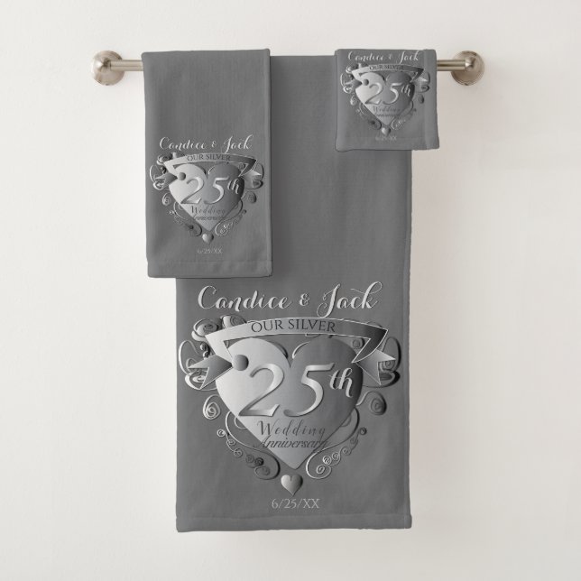 25th Silver Wedding Anniversary 3D Heart Emblem Bath Towel Set (Insitu)
