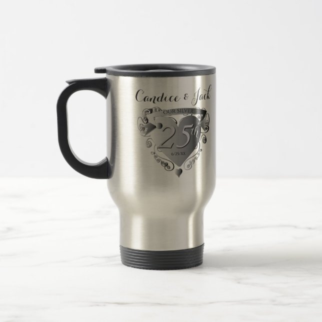 25th Silver Wedding Anniversary 3D Heart Emblem Tr Travel Mug (Left)