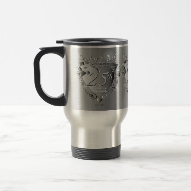 25th Silver Wedding Anniversary 3D Heart Emblem Travel Mug (Left)