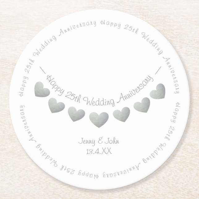 25th silver wedding anniversary bunting round paper coaster (Front)