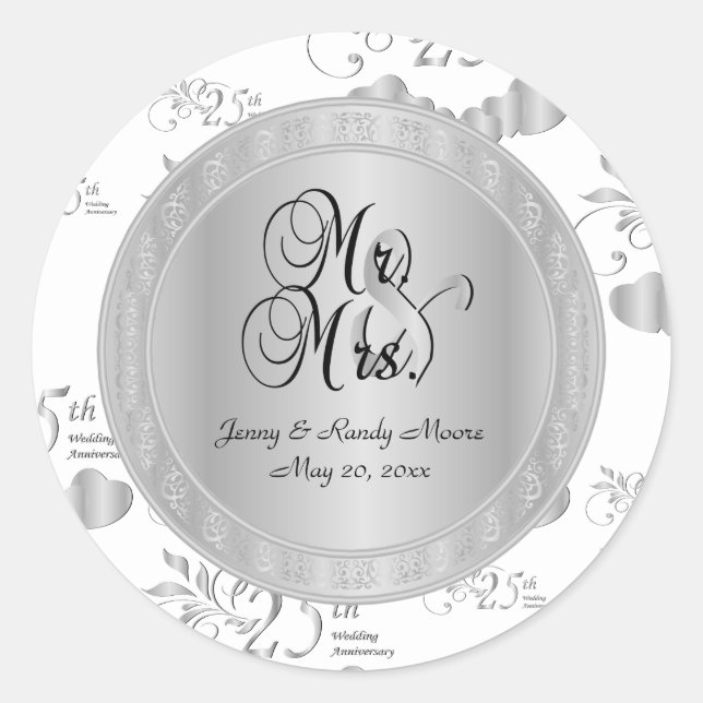 25th Silver Wedding Anniversary Classic Round Sticker (Front)