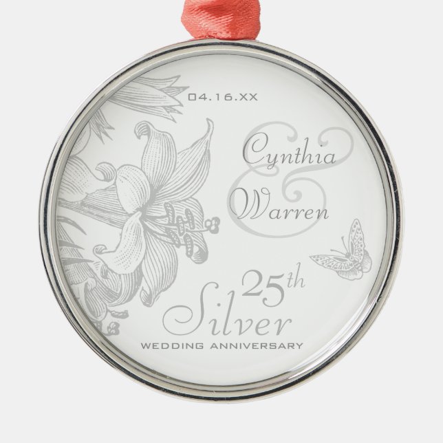 25th Silver Wedding Anniversary Custom Keepsake Metal Ornament (Front)