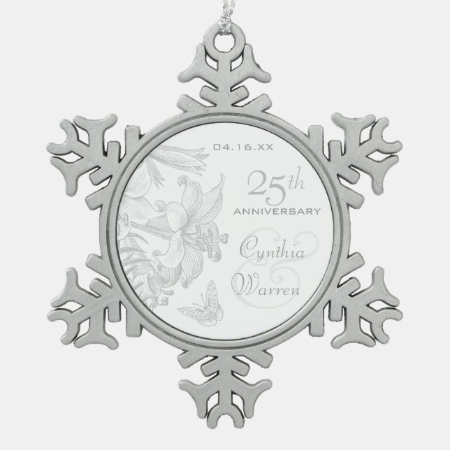 25th Silver Wedding Anniversary Custom Keepsake Snowflake Pewter Christmas Ornament (Front)