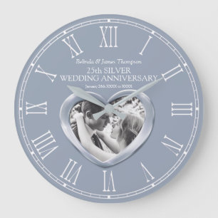 25th silver wedding anniversary custom photo heart large clock