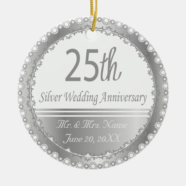 25th Silver Wedding Anniversary Design Ceramic Tree Decoration (Front)