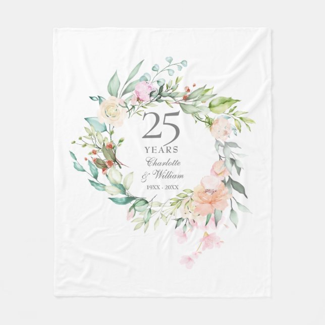 25th Silver Wedding Anniversary Floral Garland Fleece Blanket (Front)
