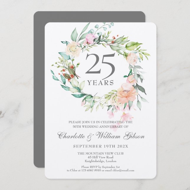 25th Silver Wedding Anniversary Floral Metallic Invitation (Front/Back)