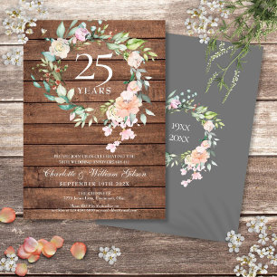 25th Silver Wedding Anniversary Floral Rustic Wood Invitation