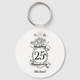 25th Silver Wedding Anniversary Flowers Rose Key Ring