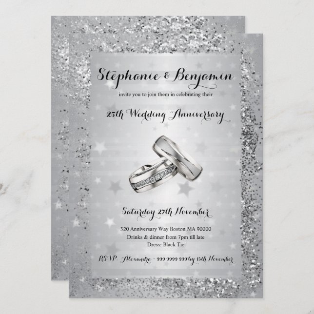 25th Silver Wedding Anniversary Glitter Elegant Invitation (Front/Back)