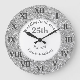 25th Silver Wedding Anniversary Glitter Glam  Large Clock