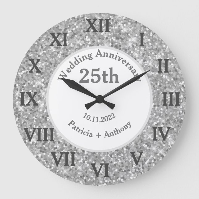 25th Silver Wedding Anniversary Glitter Glam  Large Clock (Front)