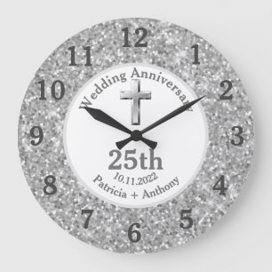 25th Silver Wedding Anniversary Glitter Religious  Large Clock