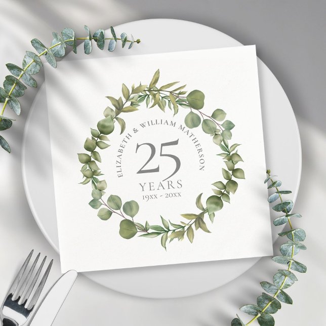 25th Silver Wedding Anniversary Greenery Floral Napkin (Creator Uploaded)