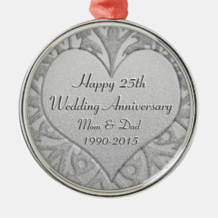 25th Silver Wedding Anniversary Heart Metal Tree Decoration