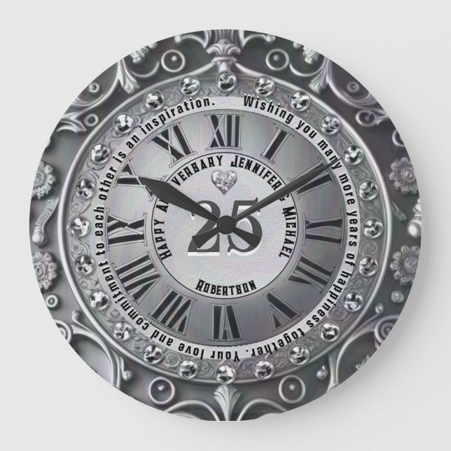 25th Silver Wedding Anniversary Large Clock (Front)