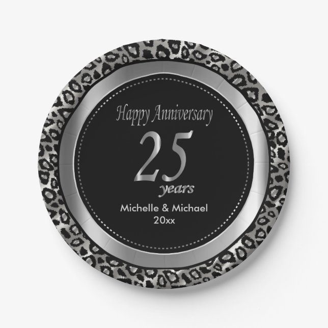 25th Silver Wedding Anniversary | Leopard Pattern Paper Plate (Front)