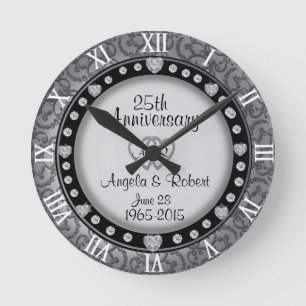 25th Silver Wedding Anniversary Monogram Round Clock