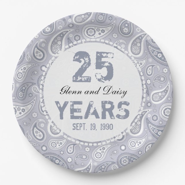 25th Silver Wedding Anniversary Paisley Pattern Paper Plate (Front)