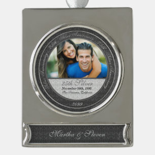 25th Silver Wedding Anniversary Photo and Year Silver Plated Banner Ornament