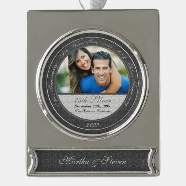 25th Silver Wedding Anniversary Photo and Year Silver Plated Banner Ornament (Front)