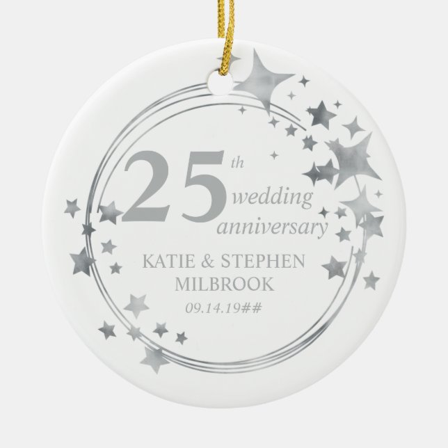 25th Silver Wedding Anniversary Photo Silver Stars Ceramic Ornament (Front)