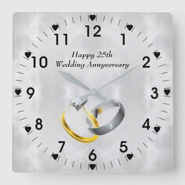 25th Silver Wedding Anniversary Rings Square Wall Clock (Front)