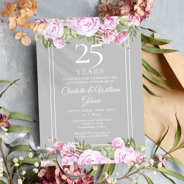 25th Silver Wedding Anniversary Roses Floral Invitation (25th Silver Wedding Anniversary Roses Floral Invitation)
