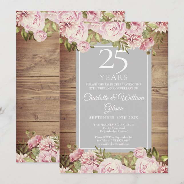 25th Silver Wedding Anniversary Rustic Roses Invitation (Front/Back)