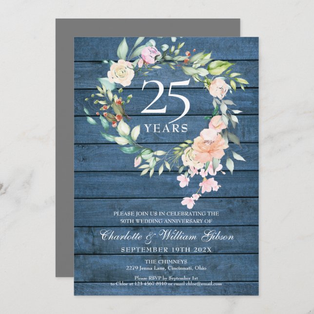 25th Silver Wedding Anniversary Rustic Wood Floral Invitation (Front/Back)