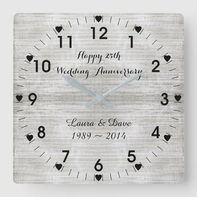 25th Silver Wedding Anniversary Square Wall Clock (Front)
