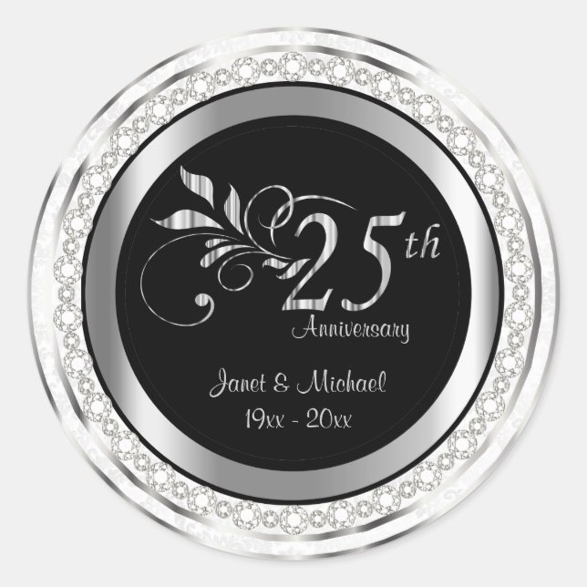 25th Silver Wedding Anniversary - White Damask Classic Round Sticker (Front)