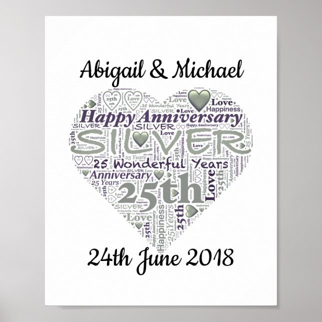 25th Silver Wedding Anniversary Word Art Print (Front)
