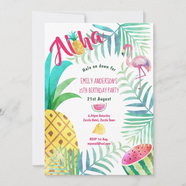 25th Tropical Pineapple Birthday Invites Flamingo (Front)