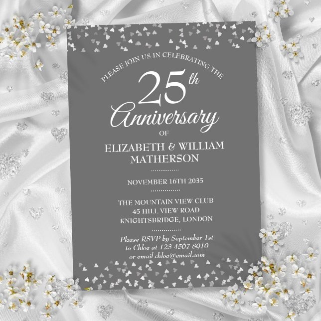 25th Weddding Anniversary Silver Hearts Confetti Invitation (25th Weddding Anniversary Silver Hearts Confetti Invitation)