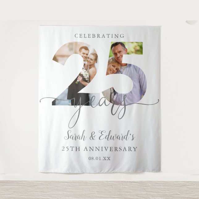25th Wedding Anniversary 2 Photo Backdrop Tapestry (Front)