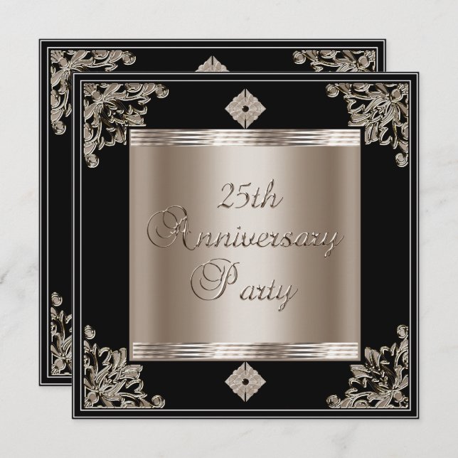 25th Wedding Anniversary Art Deco Black Sepia Invitation (Front/Back)