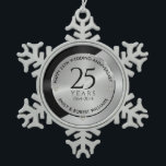 25th wedding anniversary black and silver 2 snowflake pewter christmas ornament<br><div class="desc">25th wedding anniversary black and silver split screen geometric design background.
Modern,  customisable silver wedding anniversary design. Easily customise your names and years of your Anniversary.</div>