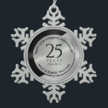 25th wedding anniversary black and silver 2 snowflake pewter christmas ornament<br><div class="desc">25th wedding anniversary black and silver split screen geometric design background.
Modern,  customisable silver wedding anniversary design. Easily customise your names and years of your Anniversary.</div>