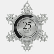 25th wedding anniversary black and silver 2 snowflake pewter christmas ornament
