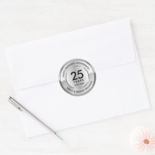 25th wedding anniversary black and silver classic round sticker
