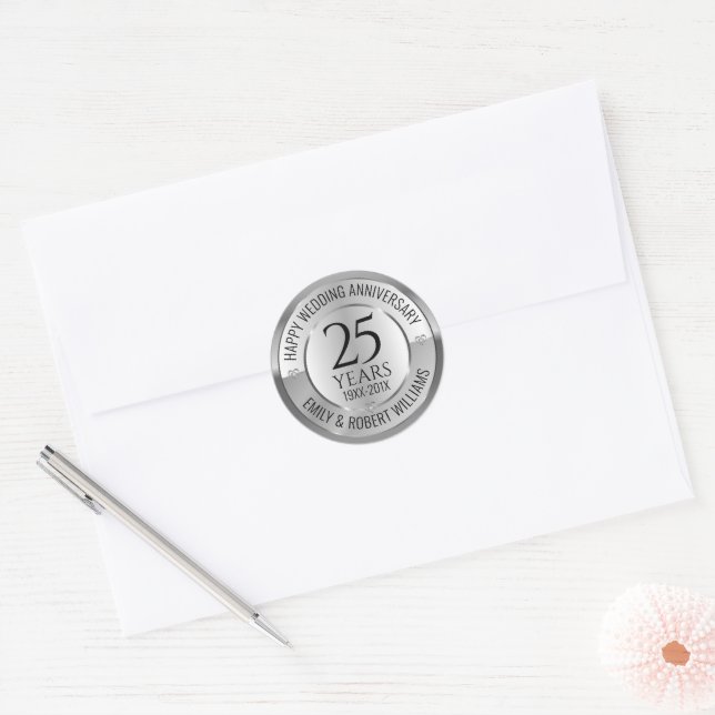 25th wedding anniversary black and silver classic round sticker (Envelope)