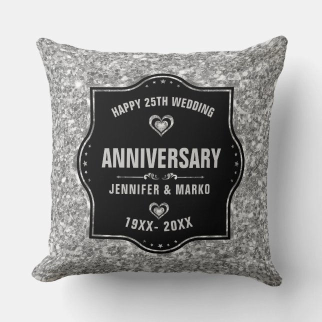 25th Wedding Anniversary Black And Silver Glitter Cushion (Front)