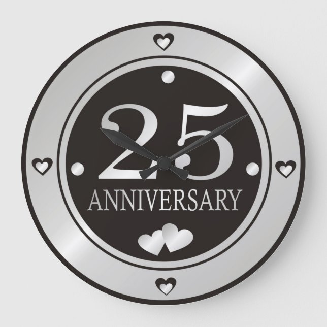 25th Wedding Anniversary Black And Silver   Large Clock (Front)